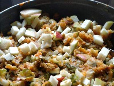 Zoete aardappel/spruitjes stamppot met appel 